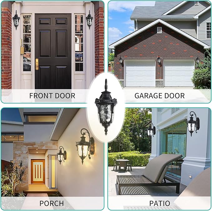 LONEDRUID Outdoor Wall Light Fixtures Black 16.93”H Exterior Wall Lantern Waterproof Sconce Porch Lights Wall Mount with Hammered Glass Shade for House