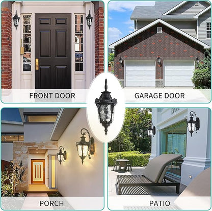 LONEDRUID Outdoor Wall Light Fixtures Black 16.93”H Exterior Wall Lantern Waterproof Sconce Porch Lights Wall Mount with Hammered Glass Shade for House