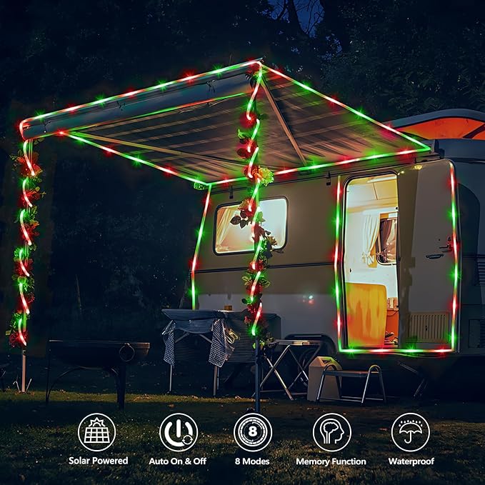 Solar Rope Lights, 2 Packs Total 132ft 400LED Solar String Lights, 8 Modes Waterproof Solar Powered Outdoor Light, Flexible Clear Tube Light for Garden Yard Patio Deck Porch Tree Xmas Decor -Red&Green