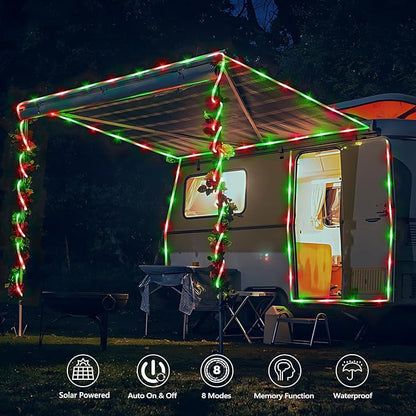 Solar Rope Lights, 2 Packs Total 66ft 200LED Solar String Lights, 8 Modes Waterproof Solar Powered Outdoor Light, Flexible Clear Tube Light for Garden Yard Patio Deck Porch Tree Xmas Decor -Red &Green