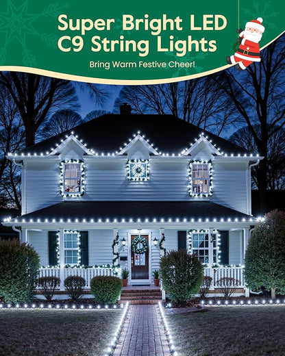 C9 LED Christmas Lights Outdoor with 100 Spring Clips, 65FT 100 LED C9 String Lights Waterproof Connectable for Roofline Patio House Yard Windows Indoor Outdoor Christmas Decorations, White 2 Pack