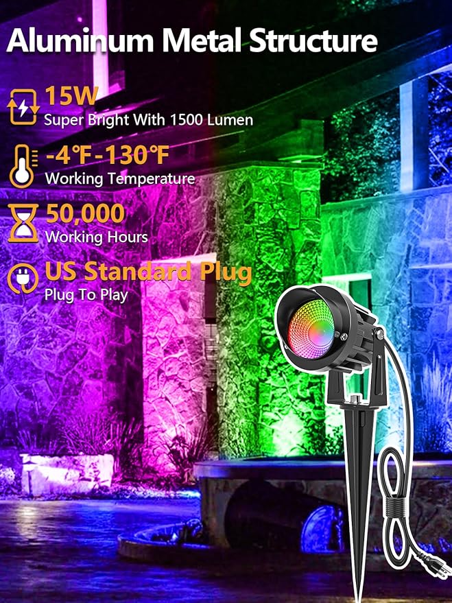 ZUCKEO 15W Christmas Spotlights Outdoor Spot Lights RGB Color Changing Landscape Lights, 120V Waterproof LED | Lumora