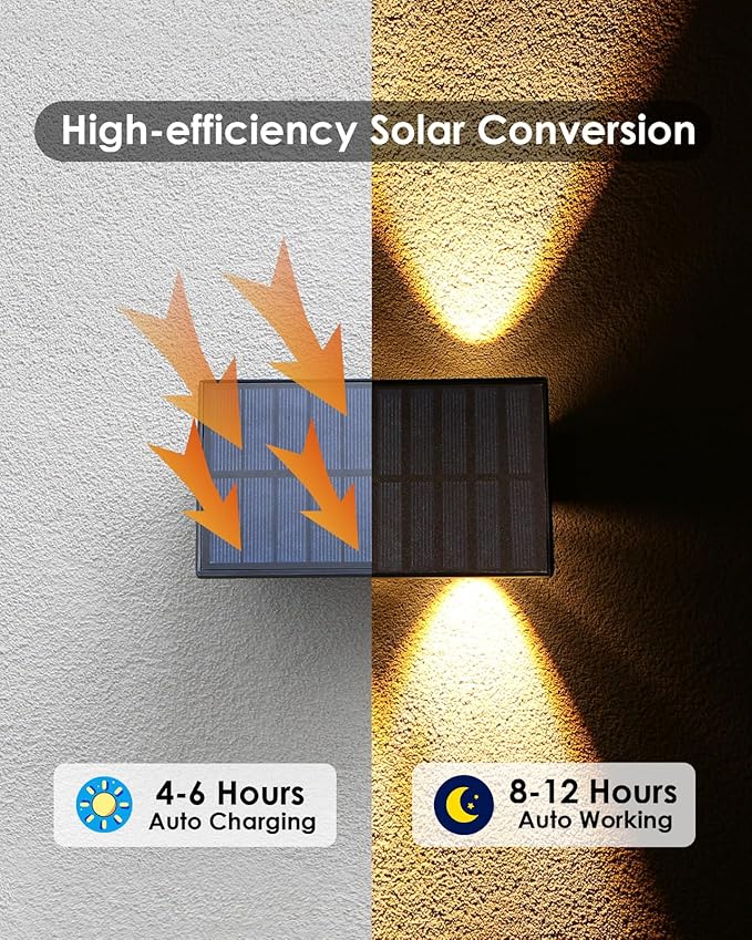 Solar Fence Lights with 4 Bulbs, 6 Pack WarmWhite Fence Lights Solar Powered, IP54 Waterproof Solar Wall Lights for Up&Down, Dusk to Dawn 12 Hours Auto Illuminate for Deck/Wall/Step/Patio/Yard/House