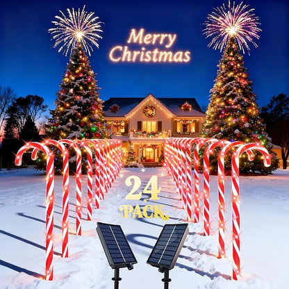 COOLWUFAN 24 Pack Solar Christmas Candy Cane Lights Outdoor Decorations, Christmas Pathway Lights with 168 Warm Lights, Waterproof Xmas Decor Marker Lights for Yard, Garden, Walkway, Lawn