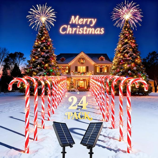 COOLWUFAN 24 Pack Solar Christmas Candy Cane Lights Outdoor Decorations, Christmas Pathway Lights with 168 Warm Lights, Waterproof Xmas Decor Marker Lights for Yard, Garden, Walkway, Lawn
