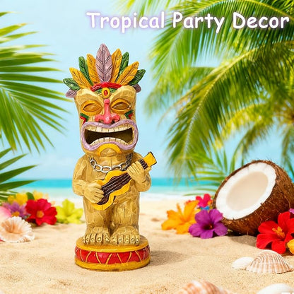 Solar Tiki Garden Statue with LED Eyes Outdoor Resin Ukulele Player Yard Decor Solar Light Hawaiian Style Lawn Ornament for Patio Porch Tiki Bar Decor Best Gift for Tiki Lovers