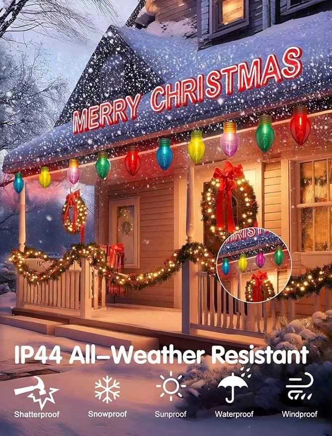 Jumbo Outdoor Christmas Lights,16FT C9 Jumbo Xmas String Lights Decorations Waterproof Hanging Lights with 10 Large Clear Multicolor Bulb for Outdoor Porch Patio Eave Xmas Roof Decoration