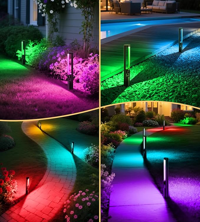 MEIKEE 5W RGB Low Voltage Landscape Lighting, 12-24V RGB Color Changing LED Pathway Lights, IP66 Waterproof Aluminum Outdoor Landscape Lights for Garden Yard Decoration 4 Pack