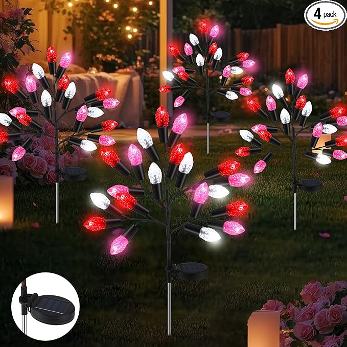 4 Pcs Valentine's Day Outdoor Decoration Solar Pathway Lights 28" Pink Stake Light Waterproof 8 Modes 80 Heart Shape LEDs for Yard Walkway Path Garden Patio Valentine Decor
