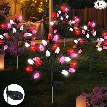 4 Pcs Valentine's Day Outdoor Decoration Solar Pathway Lights 28" Pink Stake Light Waterproof 8 Modes 80 Heart Shape LEDs for Yard Walkway Path Garden Patio Valentine Decor