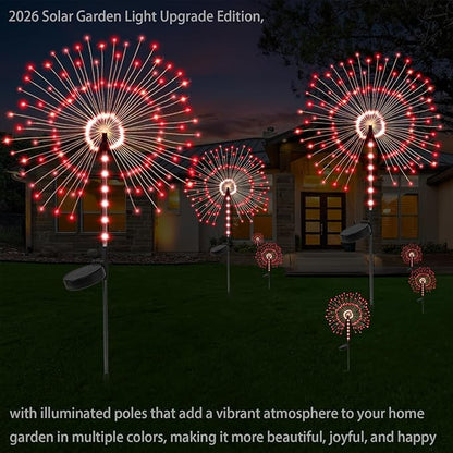 2 Pack 250LED Solar Garden Lights Outdoor, Dual Lighting Modes Firework Lights Solar Powered, Waterproof Twinkle Fairy Light Outside for Yard Patio Pathway Christmas Party Decorative(Red)