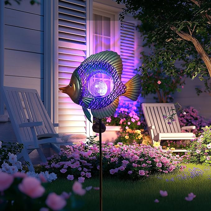 HONGLAND Solar Outdoor Lights -Metal Fish Decorative Stake- Garden Colorful LED Solar Path Lights for Lawn Path Yard Decoration Gift Idea