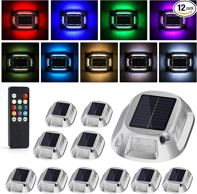 VOLISUN Solar Driveway Lights Dock Deck Lights with Remote 12 Pack,9 Colors in 1 Led IP67 Waterproof Outdoor Warning Step Lights for Driveway Sidewalk Pathway RGB