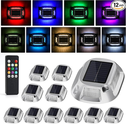 VOLISUN Solar Driveway Lights Dock Deck Lights with Remote 12 Pack,9 Colors in 1 Led IP67 Waterproof Outdoor Warning Step Lights for Driveway Sidewalk Pathway RGB