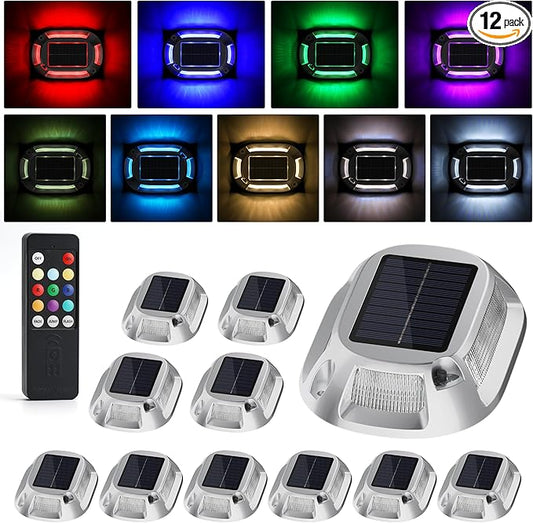 VOLISUN Solar Driveway Lights Dock Deck Lights with Remote 12 Pack,9 Colors in 1 Led IP67 Waterproof Outdoor Warning Step Lights for Driveway Sidewalk Pathway RGB