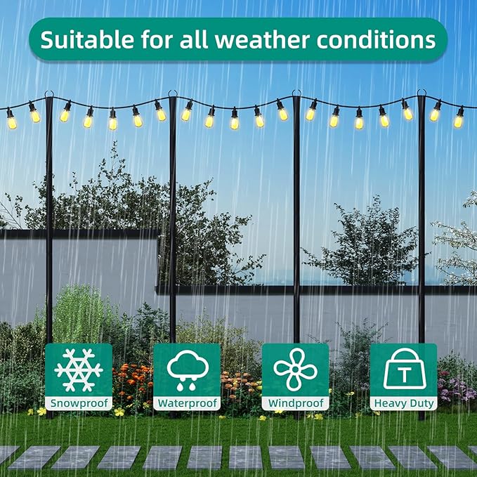 4 Pack String Light Poles, 10Ft Light Poles for Outside, Metal Poles with Fork, Lighting Hanging Post Accessories | Lumora