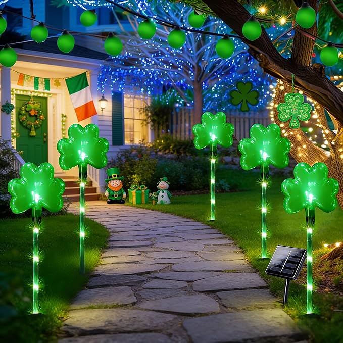 5 Pack St. Patrick's Day Solar Pathway Lights Outdoor - Green LED Shamrock Landscape Stake Lights, Waterproof Solar Powered Plug-in Lawn & Garden Decor for Yard, Walkway, Irish Party Decorations