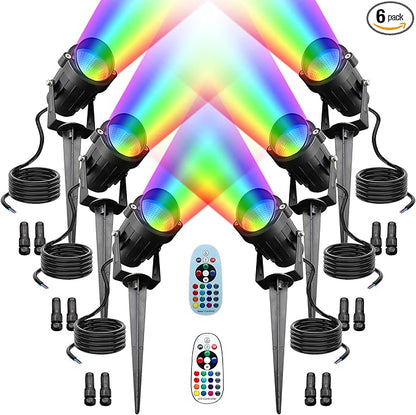RGBW Landscape Lights 12W Low Voltage Landscape Lighting, Waterproof Color Changing Outdoor Landscape Spotlights,12V/24V Garden Tree Uplights for Yard Pathway Patio with Remote, 6 Pack