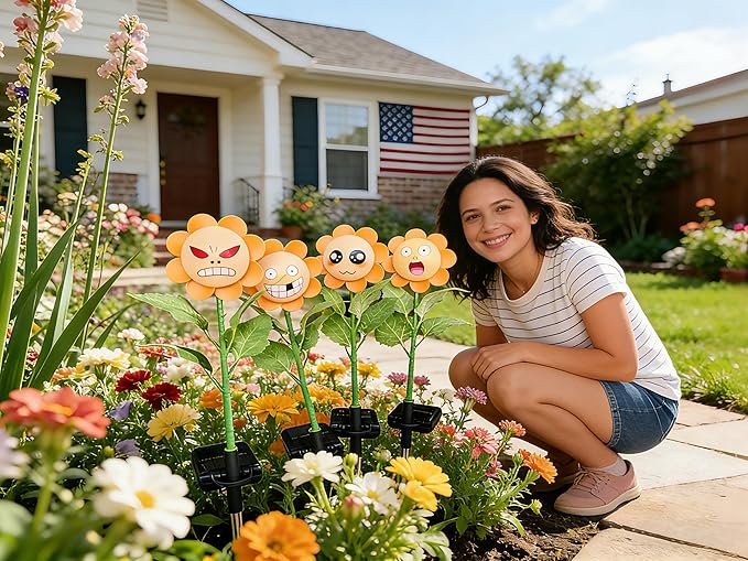 4 Pack Bobble Face Wind Spinners Sunflower Fairy Light Pinwheels Solar Light Outdoor - Garden Decor, Waterproof Auto-On/Off Pathway, Lawn, Yard Stake Light Windmill for Decorations