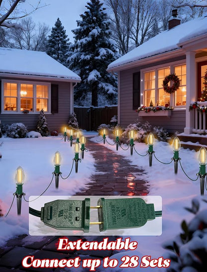 38FT C9 LED Christmas Pathway Lights,25 Warm White Connectable Weatherproof LED Christmas Walkway Lights with C9 Bulbs and Stakes for Driveway Yard Lawn Sidewalk Xmas Decoration