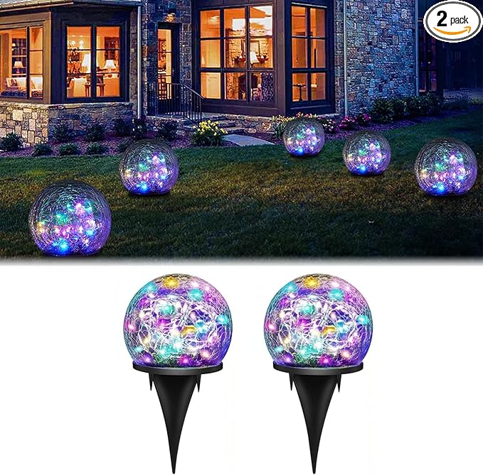 Solar Lights, Outdoor Waterproof, Spherical, Suitable for Yard, Terrace, Path, Lawn, Party, Garden, Landscape Lighting, Creative Birthday Gift, 2 Pack (5.5 Inch（Colored Light）)