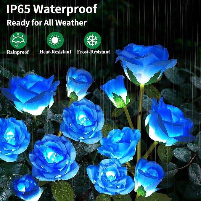 Solar Garden Flower Lights Outdoor with More Realistic 10 Rose Waterproof for Outside Patio Yard Pathway Decorations, 2 Pack Blue