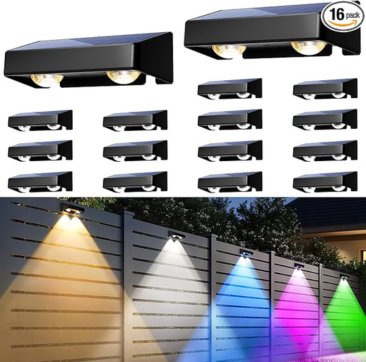 Solar Fence Lights Outdoor, Solar Wall Lights 9 Fixed Colors ＆ Color Changing Modern Solar Powered Deck Light for Halloween Step Stair Patio Backyard Porch Railing decor, IP65 Waterproof (16 Pack)