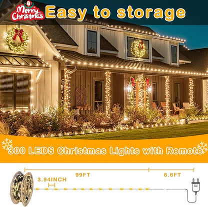 Decute 300LED 99FT Christmas Tree String Lights Green Wire Dimmable with Remote Control, UL Listed Plug in Fairy Starry Lights Decorative for Christmas Tree Party Wedding Indoor Outdoor Warm White