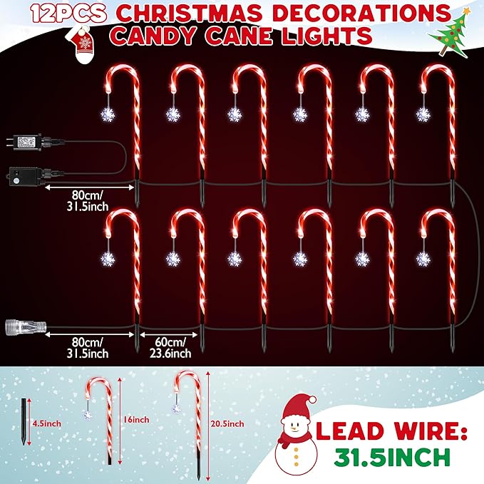 Hiboom 12 Pcs Christmas Candy Cane Light with 4 Christmas Theme Music, 20'' Pathway Markers Lights with Stakes Holiday Driveway Light for Xmas Holiday Party Walkway Garden Decor(Red, White)