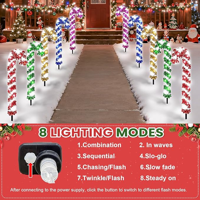 10 Pcs Christmas Candy Cane Lights 21'' Multicolor Candy Cane Pathway Light with 8 Lighting Modes Waterproof | Lumora