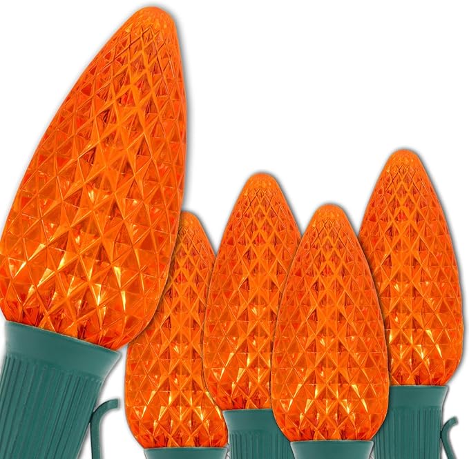 Wintergreen Lighting C9 OptiCore LED Outdoor Orange Christmas Lights – Heavy Duty Bulbs for Halloween Decorations; 18 Gauge Green Wire (100 Lights, 100 ft, Amber/Orange)