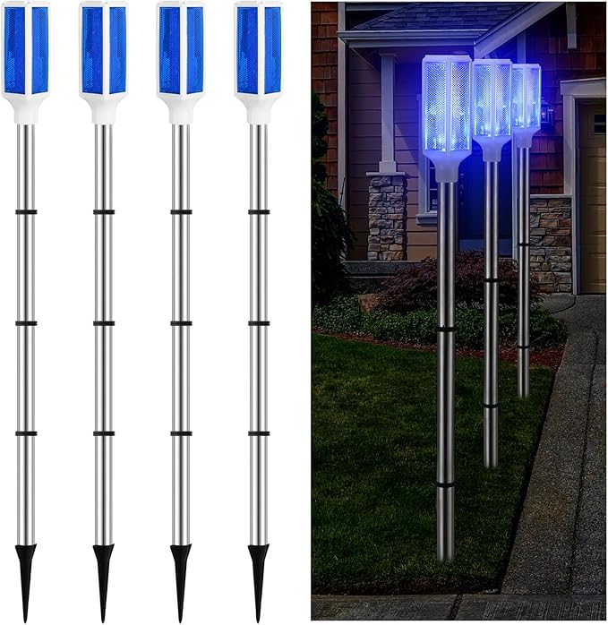 Macarrie 4 Pcs Solar Powered Driveway Markers Reflective Lights Driveway Reflectors on Poles for Snow Road Outdoor Yard Entrance (Blue)