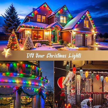 C9 Light Strand, 100 FT Outdoor String Lights Christmas Stringer with 100 Sockets for Christmas Decor Patio, E17 Light Socket, 12 Spacing, Brown Wire
