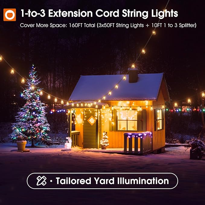 addlon 50FT Solar String Lights with 1-to-3 Extension Cord String Lights - 160FT Total (3x50FT String Lights + 10FT Splitter)