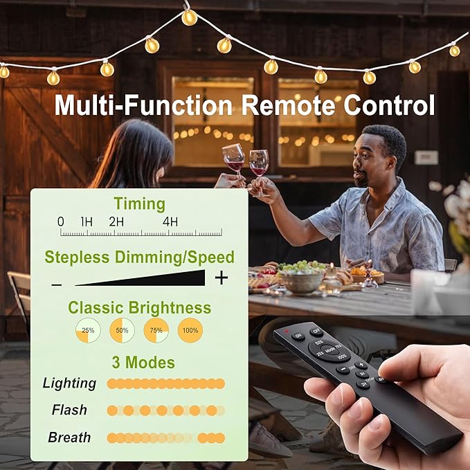 Outdoor-String-Lights-Patio-LED-Light-Outside 30FT Waterproof Dimmable Remote Outdoor Lighting G40 Globe Plastic LED Bulbs Hanging Lights Connectable for Backyard Porch Party 1FT Bulbs Spacing