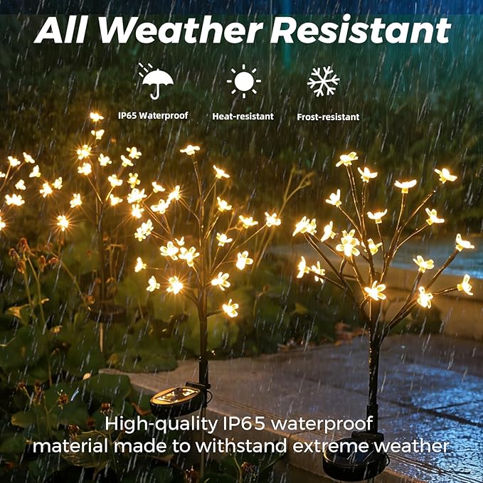 Solar Garden Lights Outdoor Garden Decor, 4 Pack Cherry Blossom Solar Flowers Outdoor Waterproof Fairy Solar Lights, Outside Yard Decorations for Patio Pathway Decor, Gardening Gifts for Women Mom