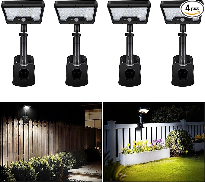 Clip On Fence Solar Lights, 3CCT Motion Sensor Fixture, 600LM 1500mAH Type-C USB & Solar Powered, IP65 Waterproof with Remote for Porch, Tree, Camping - Black (4-Pack)