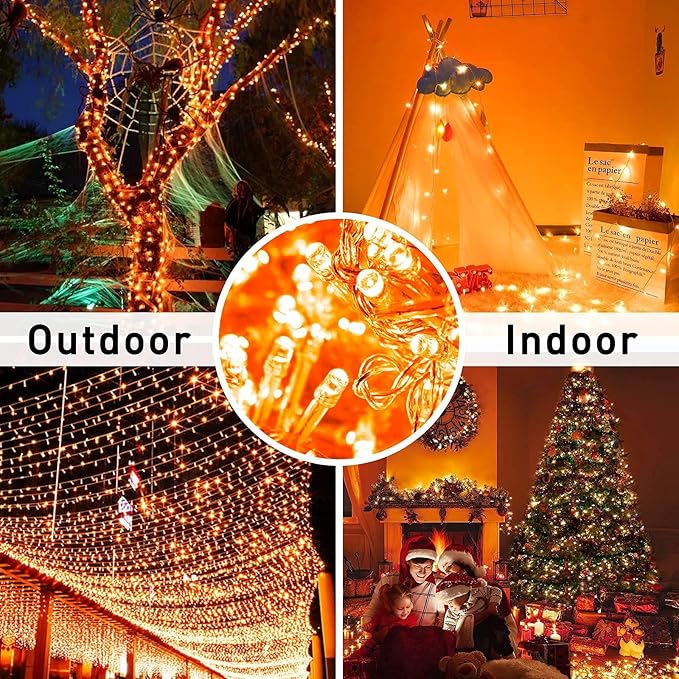 JMEXSUSS 33ft 100 LED Orange Christmas Lights, Battery Operated Christmas Lights, Orange String Lights with Remote Indoor Outdoor Waterproof for Fall Xmas Decorations