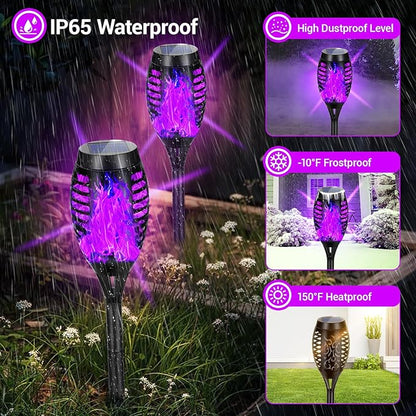 Solar Lights Outdoor Halloween Decorations, Upgraded 16 Pack Purple Solar Torch Lights with Flickering Flame, Waterproof Halloween Lights Outdoor, Tiki Torches for Outside Patio Pathway Decor
