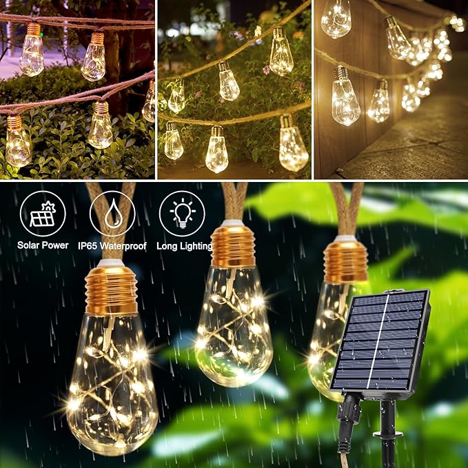 Solar String Lights Outdoor,26 Ft Vintage Rope Hemp Solar Patio Lights with 8Modes and Remote Control,LED Patio Lights with 16 Bulbs Waterproof (52FT-2PCS)