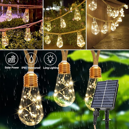 Solar String Lights Outdoor,26 Ft Vintage Rope Hemp Solar Patio Lights with 8Modes and Remote Control,LED Patio Lights with 16 Bulbs Waterproof (52FT-2PCS)
