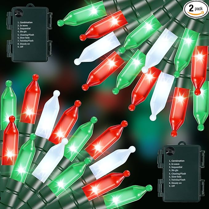 2 Pack Christmas String Lights with Built-in Timer - Total 100 LED 36ft Fairy Battery String Lights - Mini Lighting for Indoor Decor Wreath Lawn Bedroom Christmas Decorations - Red White Green