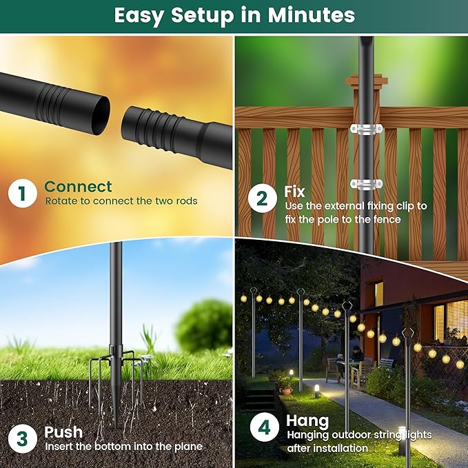OHLUX 4 Pack 10FT String Light Poles, Outdoor Poles with Fence Brackets for Hanging Lights, Metal Stand for Patio | Lumora