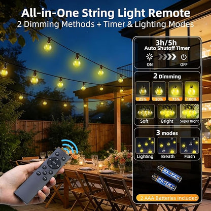 200FT Solar Lights Outdoor Waterproof: G40 60M Shatterproof Bulbs Patio Lights - Solar Powered Remote Control 3 Light Modes Dimmable Solar Light - Camping Backyard Garden Deck Outside Yard