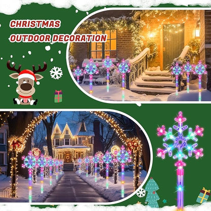 Retisee 10 Pack Snowflake Christmas Lights for Pathway Markers Lights Outdoor 27'' Peppermint Snowflake Pathway Decorations with Bows for Holiday Yard Lawn Walkway(Colorful)