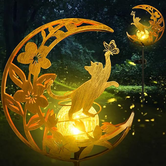 Cat Solar Lights Moon Garden Decor, Cat Gift for Women, Garden-Cracked Glass Ball Solar Lights, Unique Gift Ideas for Gardening Mom Grandma, Outdoor Decorations Patio Yard Lawn Backyard Decor