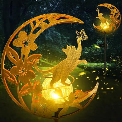 Cat Solar Lights Moon Garden Decor, Cat Gift for Women, Garden-Cracked Glass Ball Solar Lights, Unique Gift Ideas for Gardening Mom Grandma, Outdoor Decorations Patio Yard Lawn Backyard Decor