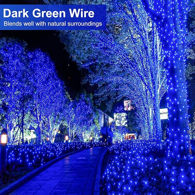 100FT 300 LED Christmas Lights Outdoor, Blue Christmas Tree Lights with 8 Modes Waterproof, Plug in Green Wire | Lumora