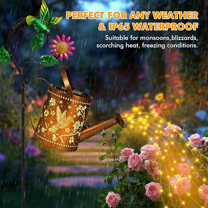 Hummingbird Outdoor Hanging Solar Lantern Waterproof Metal Openwork Hummingbird Watering Can Landscape Lights with | Lumora