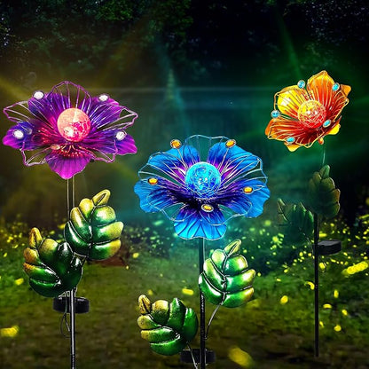 Adeco Flower Solar Lights Outdoor Garden Decor 35 inch Metal Garden Stake Lights with Crackle Globe Glass and Large Solar Panel Waterproof for Ground Patio Lawn Courtyard Flowerbed
